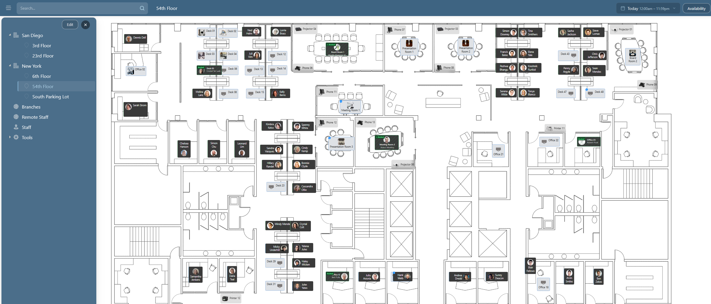 StaffMap 5 floorplan view showing employee panels on a 3D office floor